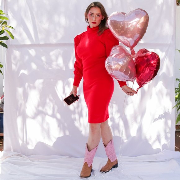 Vintage 1980s red dress with puffy sleeves - Picture 1 of 4